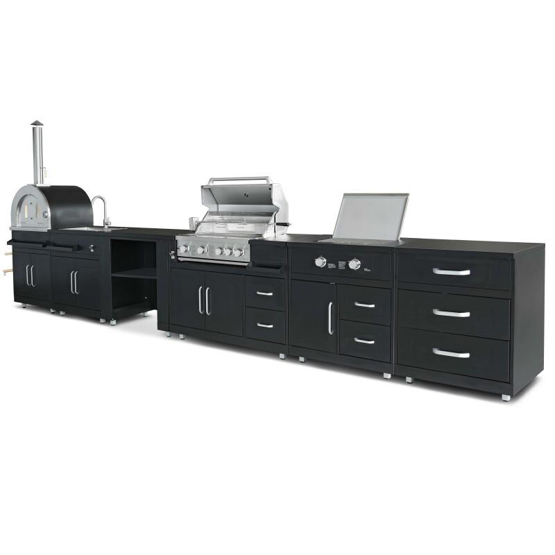 Cucina da esterno in acciaio nero 6 elementi con modulo cottura