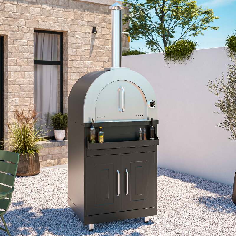 Cucina da esterno in acciaio nero 6 elementi con modulo cottura