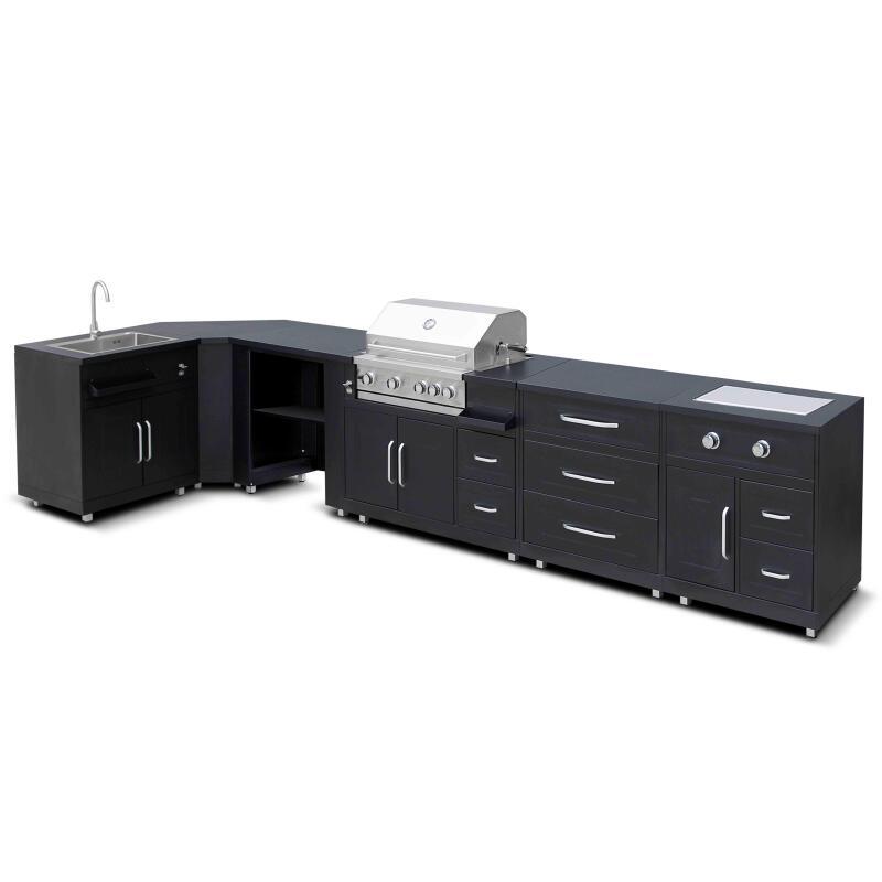Cucina da esterno angolare a 6 elementi con lavello e 2 moduli cottura