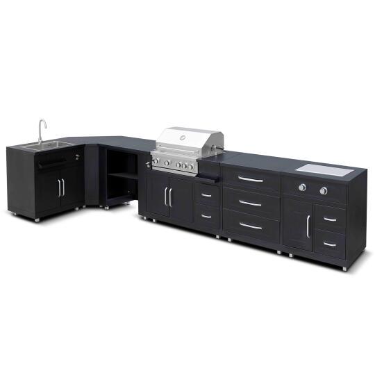 Cucina da esterno in metallo ad angolo con lavatoio da esterno, fornello a gas, barbecue e spazio - 6 moduli | Oviala