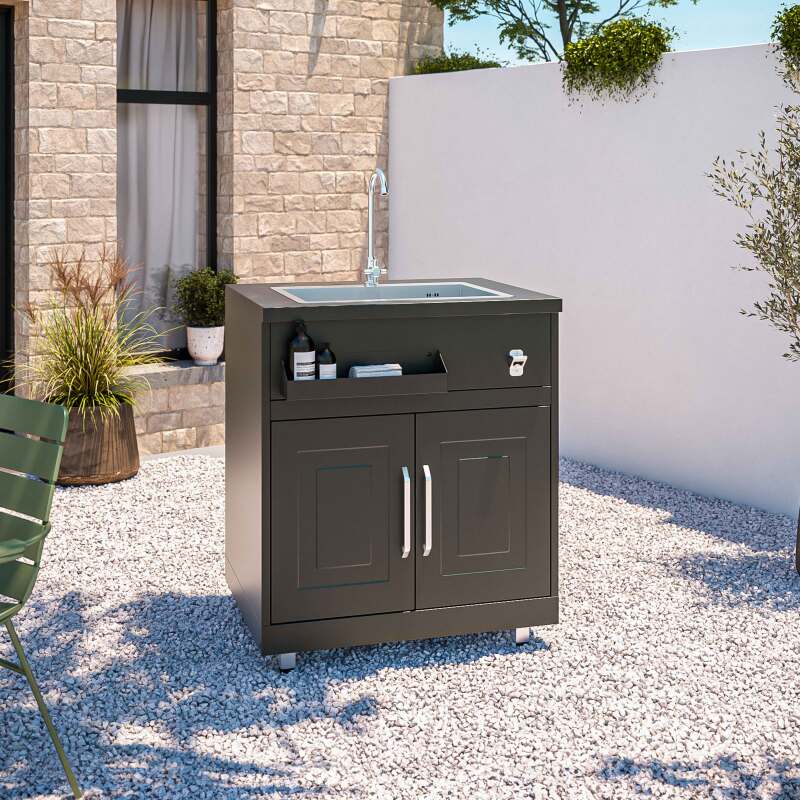 Cucina da esterno angolare a 6 elementi con lavello e 2 moduli cottura