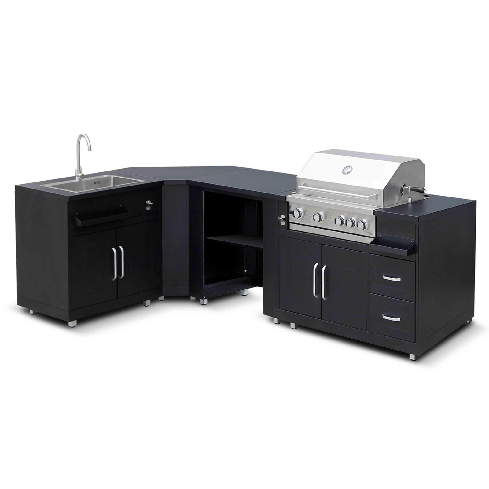 Cucina da esterno angolare a 4 elementi con lavello e modulo cottura barbecue