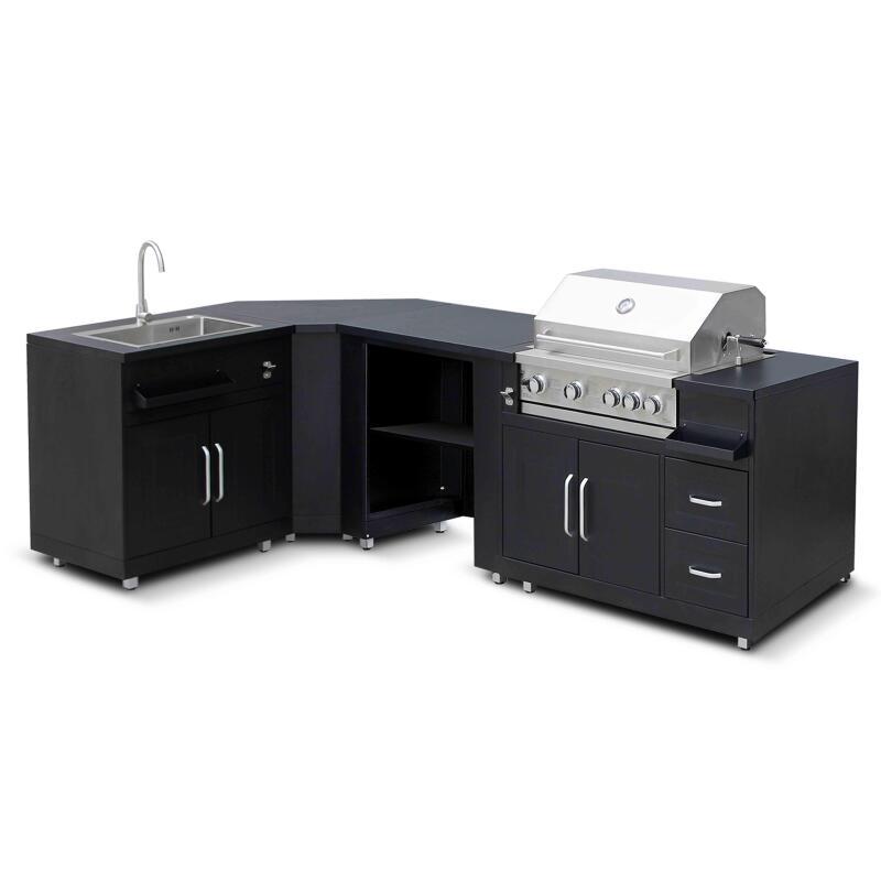 Cucina da esterno angolare a 4 elementi con lavello e modulo cottura barbecue