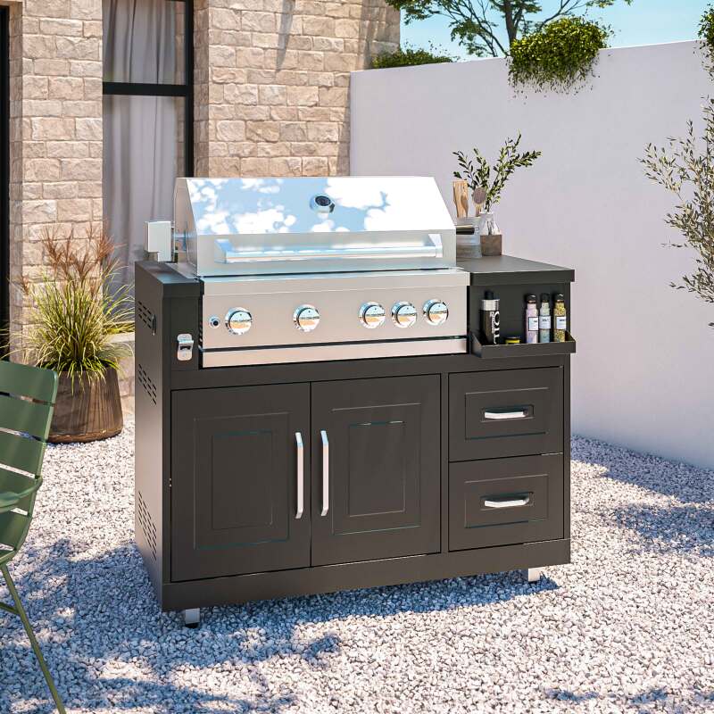 Cucina da esterno angolare a 4 elementi con lavello e modulo cottura barbecue