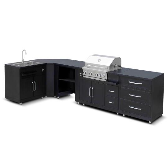 Cucina da esterno in metallo ad angolo con lavatoio da esterno, barbecue e spazio - 5 moduli | Oviala