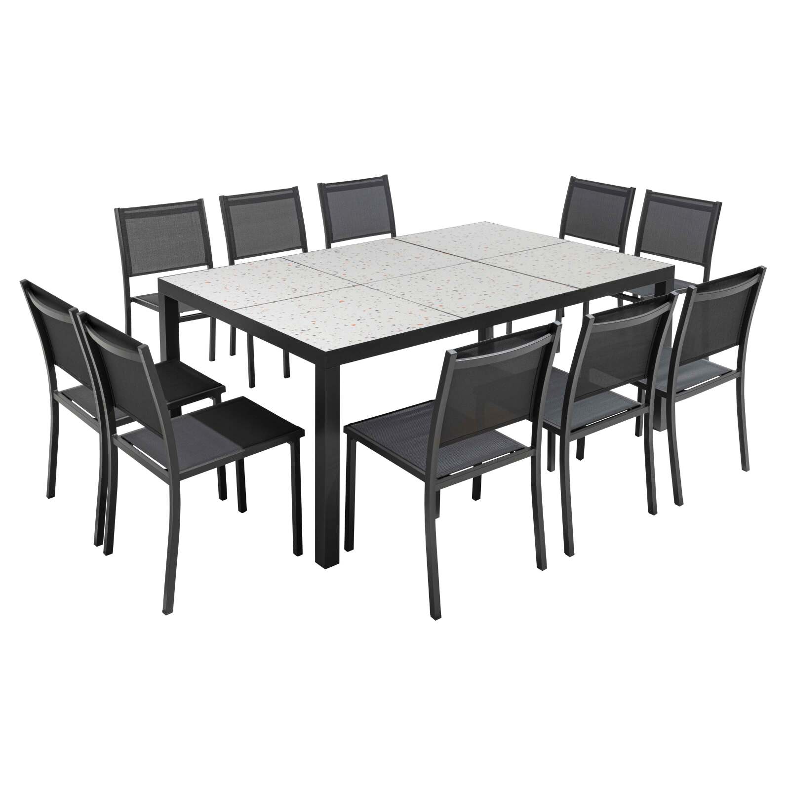 Tavolo da giardino in ceramica effetto terrazzo 182 x 121 cm con 10 sedie