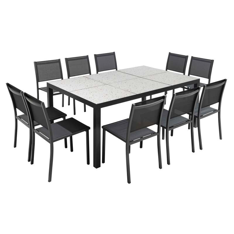 Tavolo da giardino in ceramica effetto terrazzo 182 x 121 cm con 10 sedie