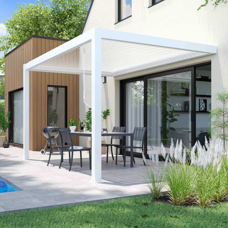 Pergola bioclimatica addossata 3x4m in alluminio bianco