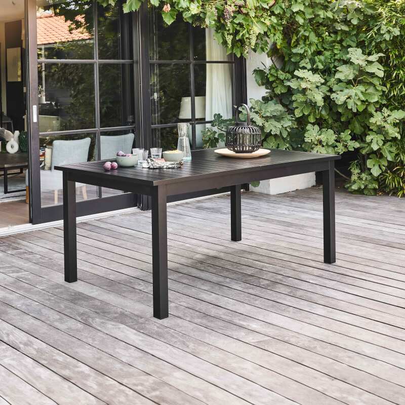 Tavolo da giardino rettangolare allungabile in alluminio con 6 sedie e 2 sedie con braccioli
