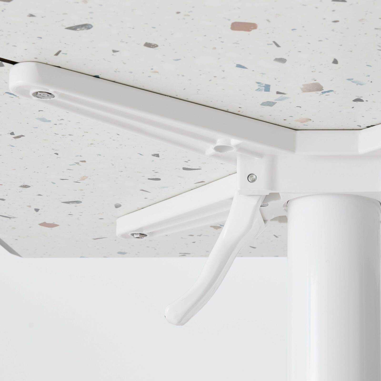 Tavolo da giardino quadrato 60 x 60 cm con gamba basculante in HPL bianco