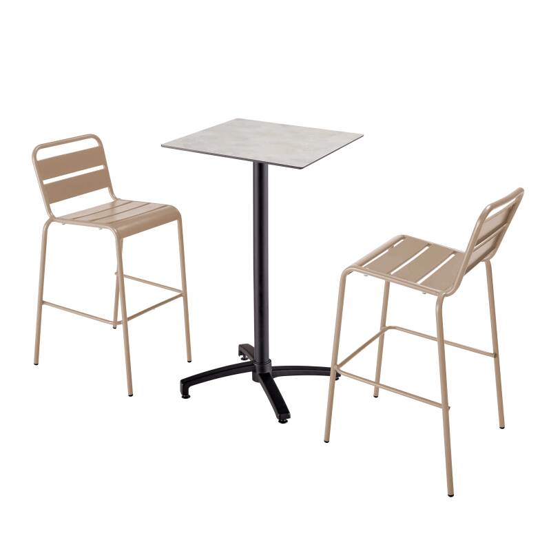 Tavolo alto quadrato reclinabile in ardesia grigio scuro 60 x 60 cm in HPL e 2 seggioloni in metallo