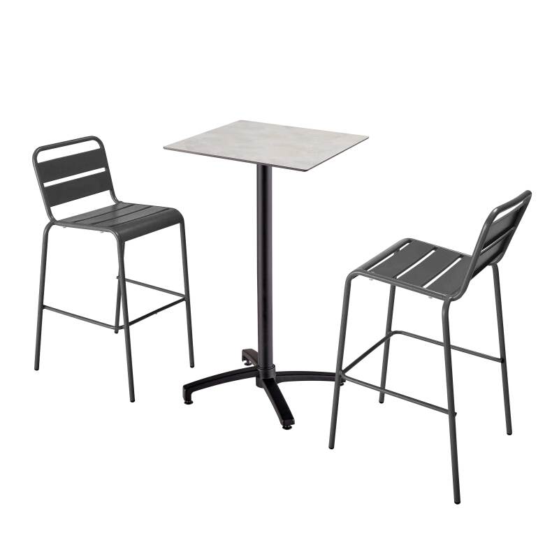 Tavolo alto quadrato reclinabile in ardesia grigio scuro 60 x 60 cm in HPL e 2 seggioloni in metallo