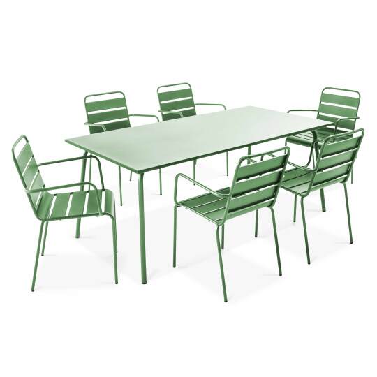 Tavolo da giardino rettangolare 180 x 90 cm e 6 sedie con braccioli in metallo
