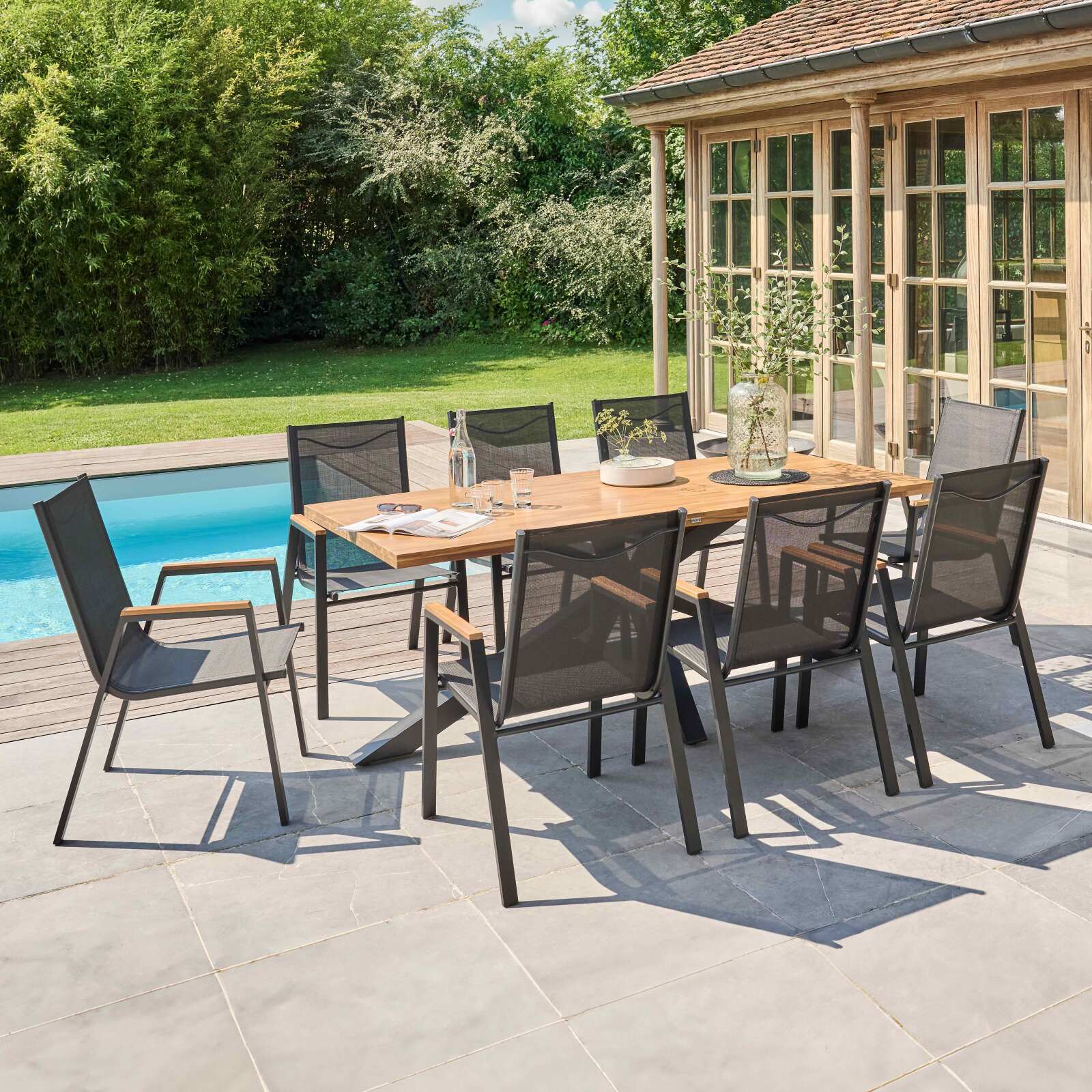 Tavolo da giardino rettangolare 200 x 75 cm in alluminio e legno di acacia