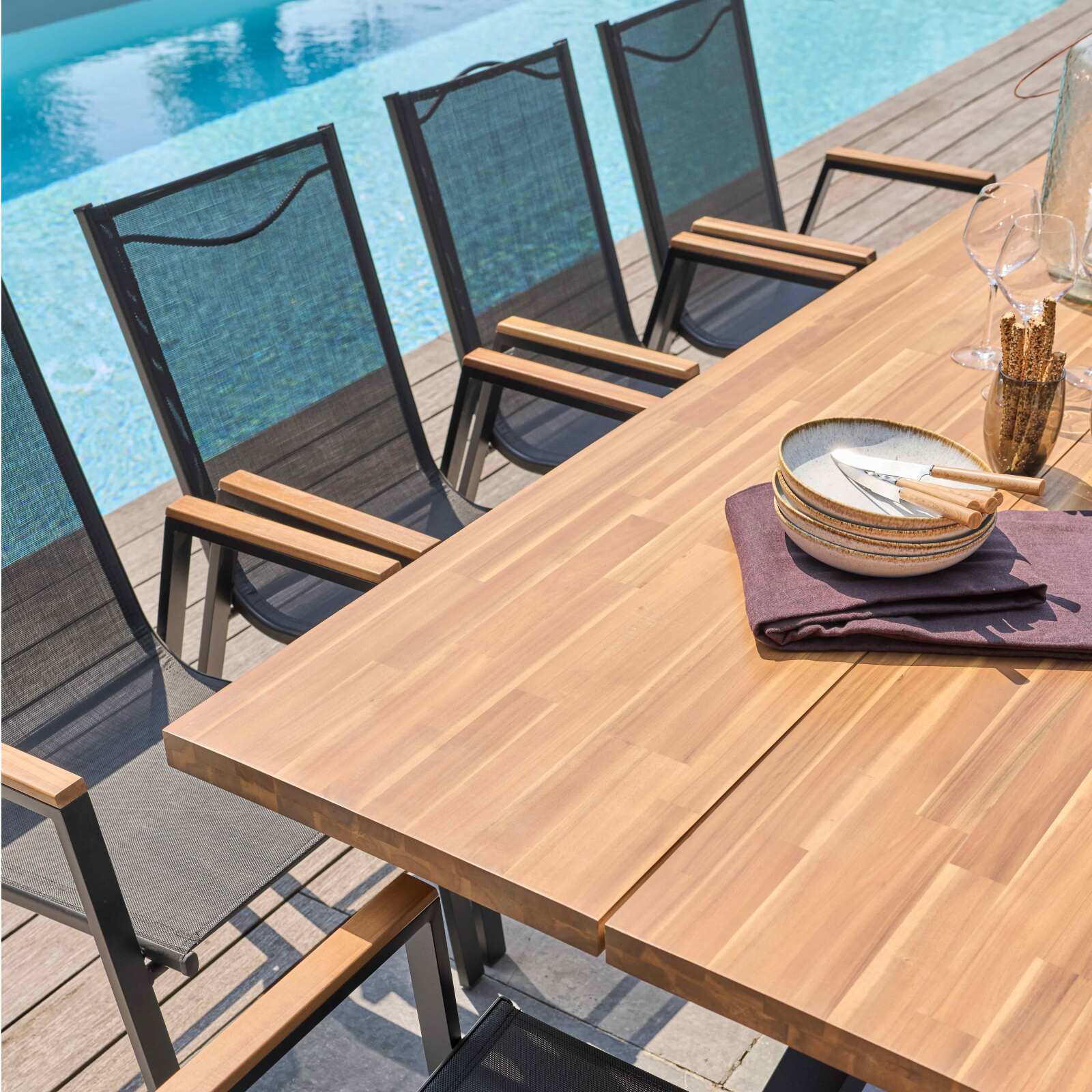 Tavolo da giardino rettangolare 200 x 75 cm in alluminio e legno di acacia