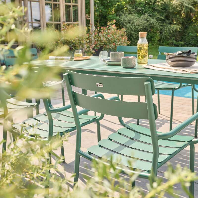 Tavolo da terrazza rettangolare 185 x 92 cm e 8 sedie con braccioli in alluminio (2/7)