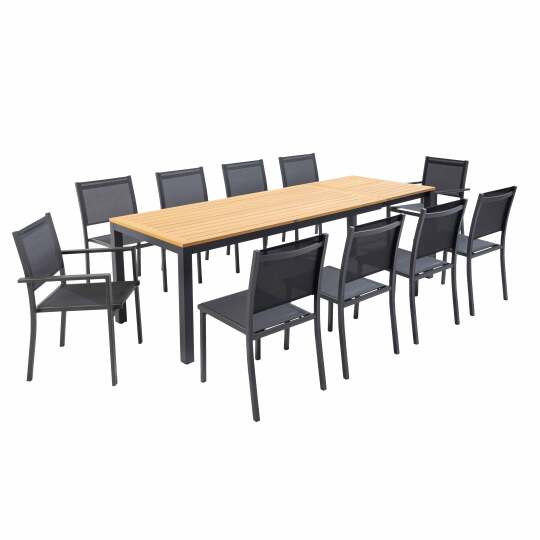 Tavolo da giardino allungabile in alluminio e legno di eucalipto FSC® 180/240x89 cm e 10 sedie in textilene | Oviala