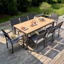 Tavolo da giardino allungabile 180/240 x 74 cm in alluminio e legno di eucalipto FSC® con 8 sedie e 2 sedie con braccioli