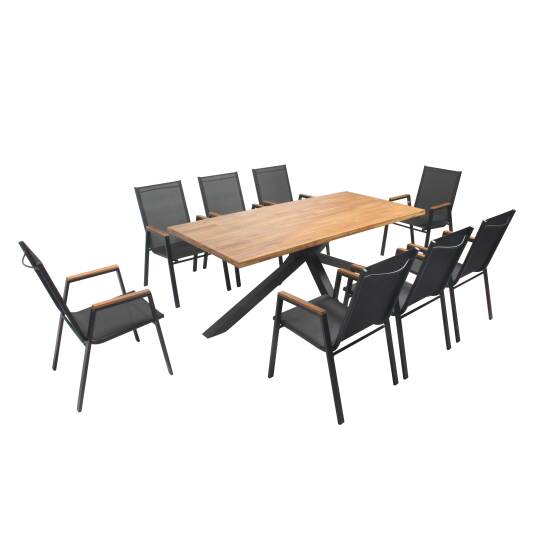 Tavolo da giardino rettangolare 200 x 75 cm in alluminio e legno di acacia e 8 sedie con braccioli