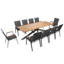 Tavolo da giardino rettangolare 240 x 75 cm in alluminio e legno di acacia e 10 sedie con braccioli