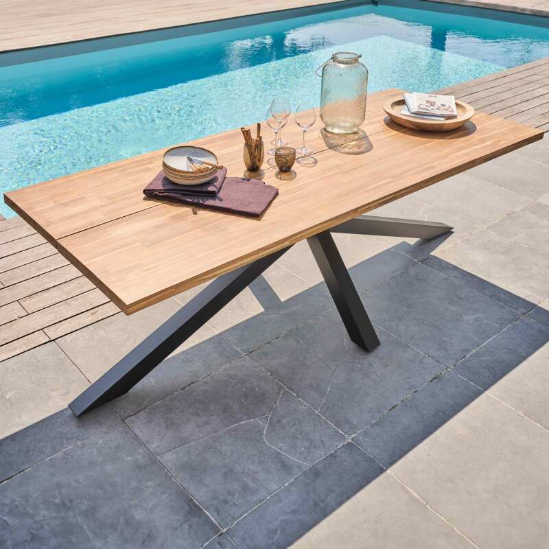 Tavolo da giardino rettangolare 240 x 75 cm in alluminio e legno di acacia e 10 sedie con braccioli