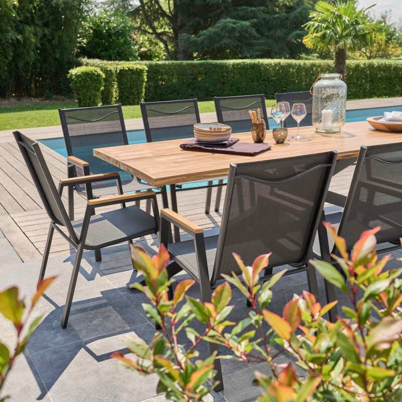 Tavolo da giardino rettangolare 240 x 75 cm in alluminio e legno di acacia e 10 sedie con braccioli