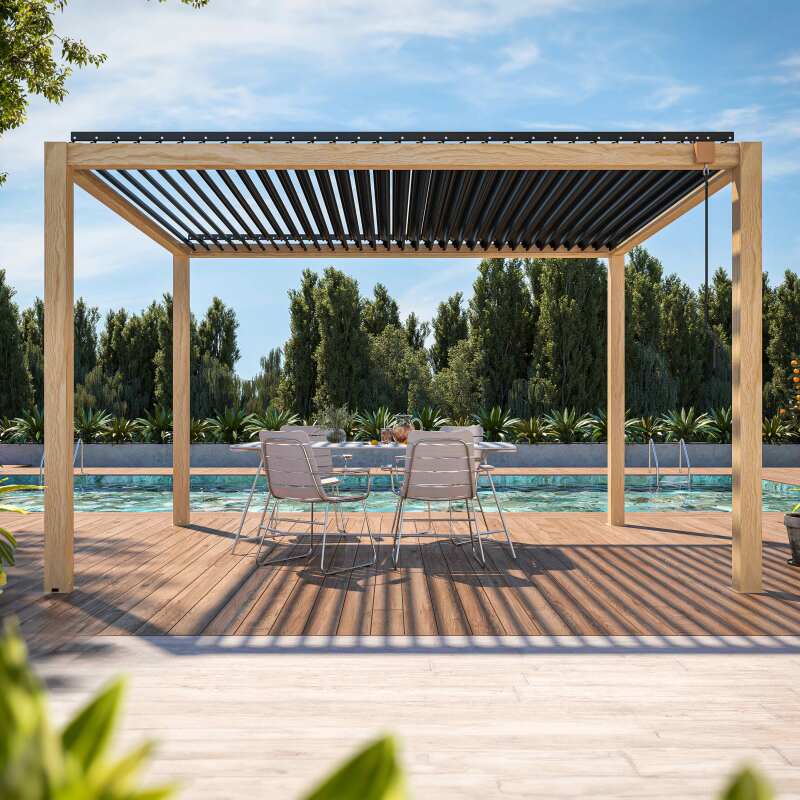 Pergola bioclimatica autoportante in alluminio decoro legno 3 x 4 m con 1, 2 o 3 tende