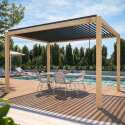 Pergola bioclimatica autoportante in alluminio decoro legno 3 x 4 m con 1, 2 o 3 tende