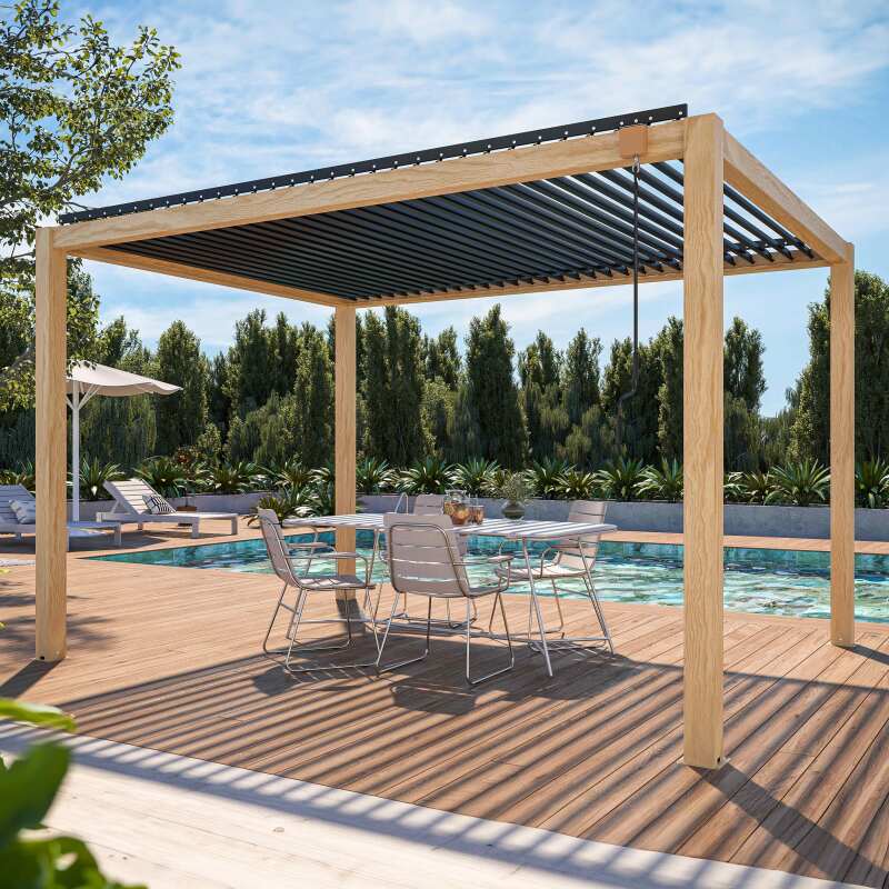 Pergola bioclimatica autoportante in alluminio decoro legno 3 x 4 m con 1, 2 o 3 tende