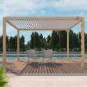 Pergola bioclimatica autoportante 3 x 4 m in alluminio bianco con decoro legno