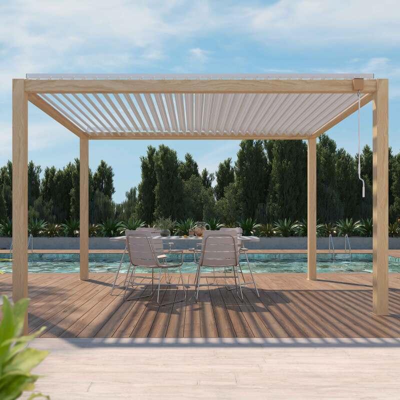 Pergola bioclimatica autoportante 3 x 4 m in alluminio bianco con decoro legno