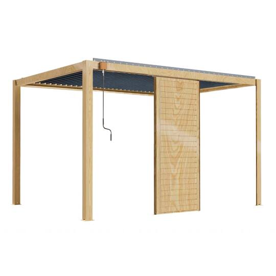 Pergola bioclimatica autoportante 3 x 4 m in alluminio con decoro legno con 1, 2 o 3 schermi | Oviala