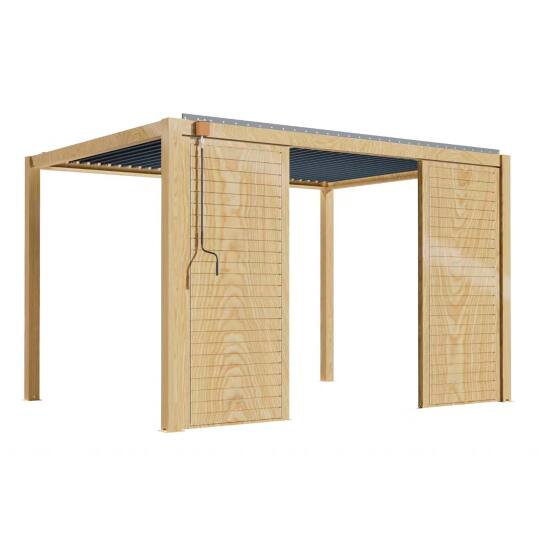 Pergola bioclimatica autoportante 3 x 4 m in alluminio con decoro legno con 1, 2 o 3 schermi