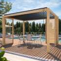 Pergola bioclimatica autoportante 3 x 4 m in alluminio con decoro legno con 1, 2 o 3 schermi