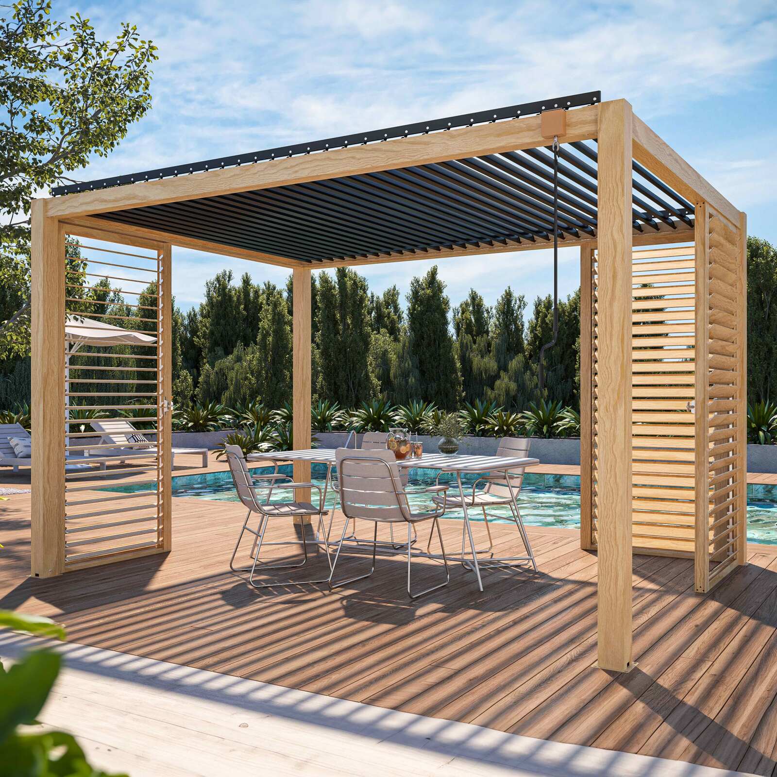 Pergola bioclimatica autoportante 3 x 4 m in alluminio con decoro legno con 1, 2 o 3 schermi