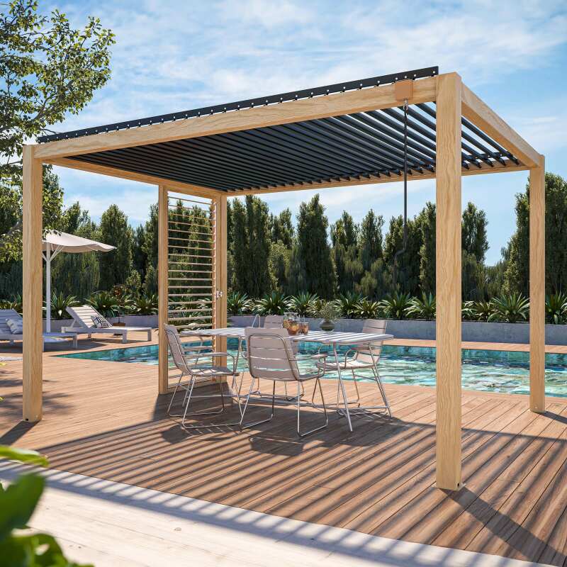 Pergola bioclimatica autoportante 3 x 4 m in alluminio con decoro legno con 1, 2 o 3 schermi