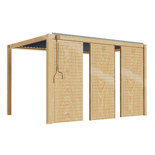 Pergola bioclimatica autoportante 3 x 4 m in alluminio con decoro legno con 1, 2 o 3 schermi | Oviala