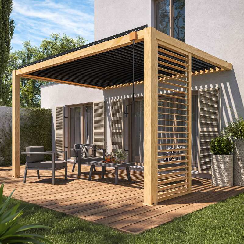 Pergola bioclimatica autoportante 3 x 4 m in alluminio con decoro legno con 1, 2 o 3 schermi