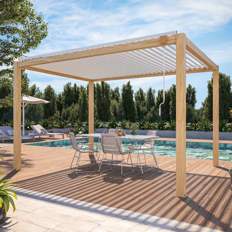 Pergola bioclimatica autoportante in alluminio bianco decoro legno 3 x 4 m con 1,2 o 3 tende