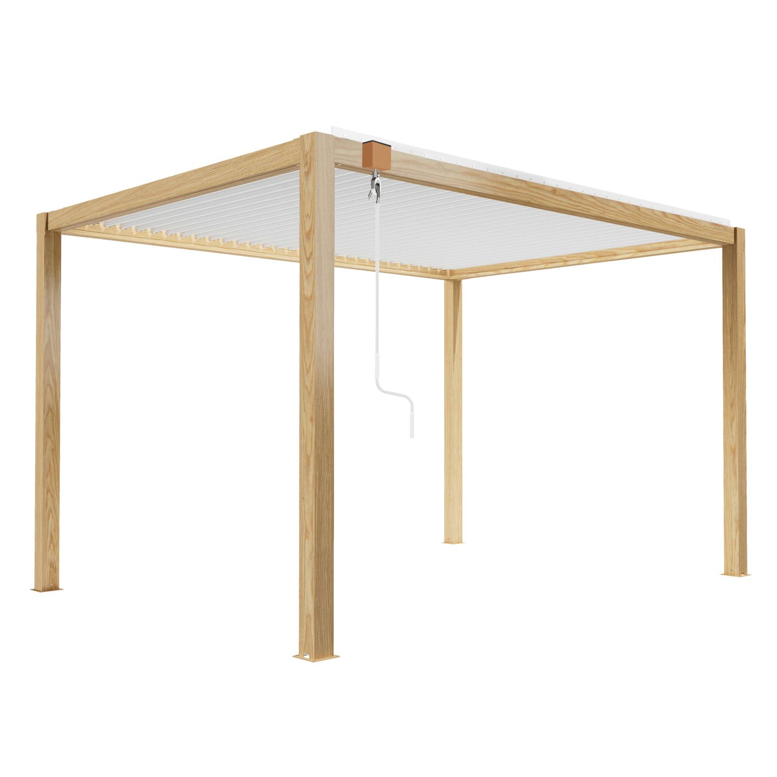 Pergola bioclimatica autoportante in alluminio bianco decoro legno 3 x 4 m con 1,2 o 3 tende
