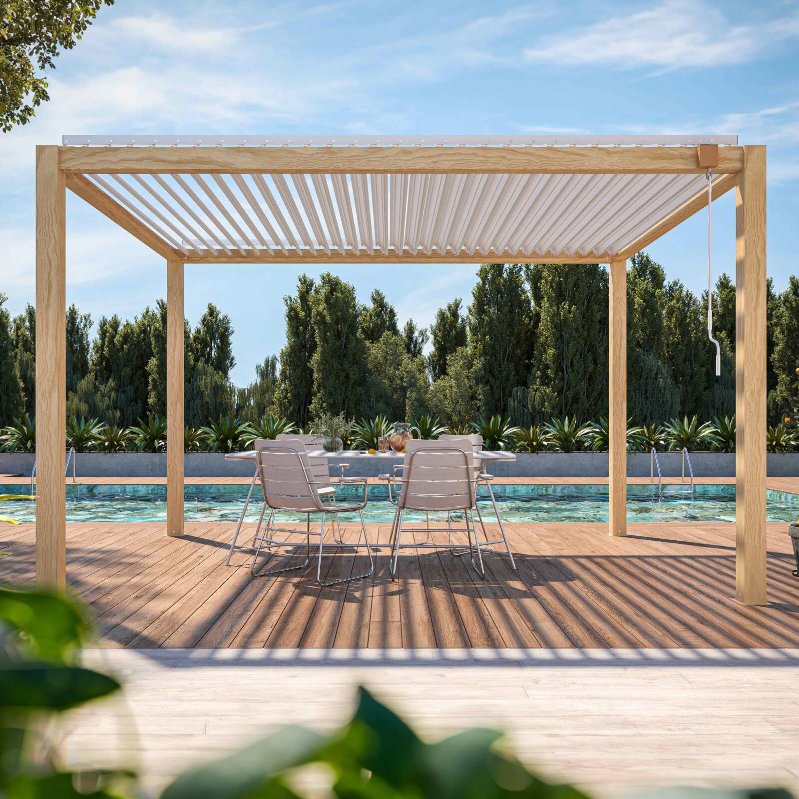 Pergola bioclimatica autoportante in alluminio bianco decoro legno 3 x 4 m con 1,2 o 3 tende