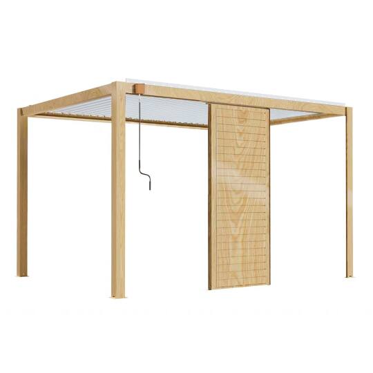 Pergola bioclimatica autoportante 3 x 4 m in alluminio bianco con decoro legno con 1, 2 o 3 schermi | Oviala