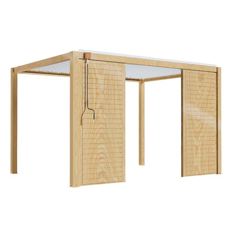 Pergola bioclimatica autoportante 3 x 4 m in alluminio bianco con decoro legno con 1, 2 o 3 schermi