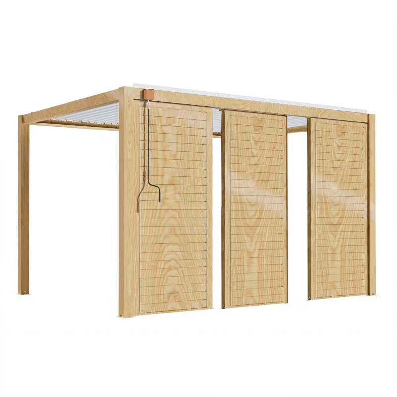 Pergola bioclimatica autoportante 3 x 4 m in alluminio bianco con decoro legno con 1, 2 o 3 schermi