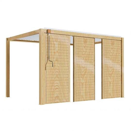 Pergola bioclimatica autoportante 3 x 4 m in alluminio bianco con decoro legno con 1, 2 o 3 schermi | Oviala