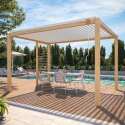 Pergola bioclimatica autoportante 3 x 4 m in alluminio bianco con decoro legno con 1, 2 o 3 schermi