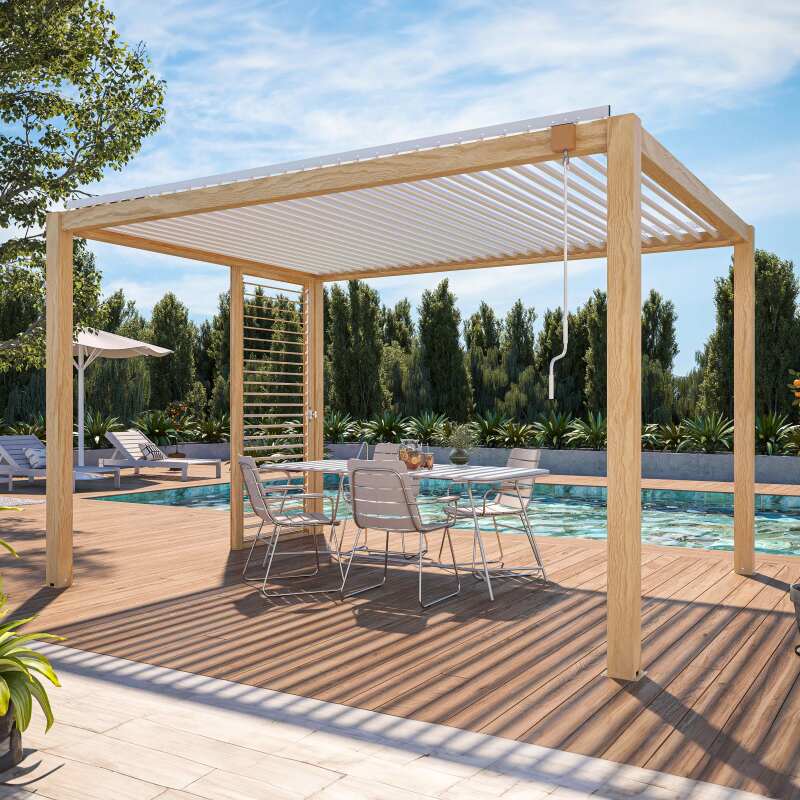 Pergola bioclimatica autoportante 3 x 4 m in alluminio bianco con decoro legno con 1, 2 o 3 schermi