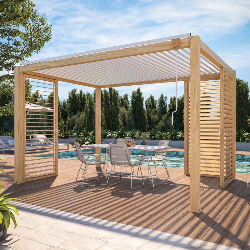 Pergola bioclimatica autoportante 3 x 4 m in alluminio bianco con decoro legno con 1, 2 o 3 schermi