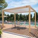 Pergola bioclimatica autoportante 3 x 4 m in alluminio bianco con decoro legno con 1, 2 o 3 schermi