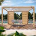 Pergola bioclimatica autoportante 3 x 4 m in alluminio bianco con decoro legno con 1, 2 o 3 schermi